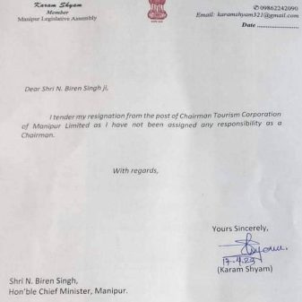 Karam Shyam resigns as Tourism Corporation of Manipur Limited Chairman
