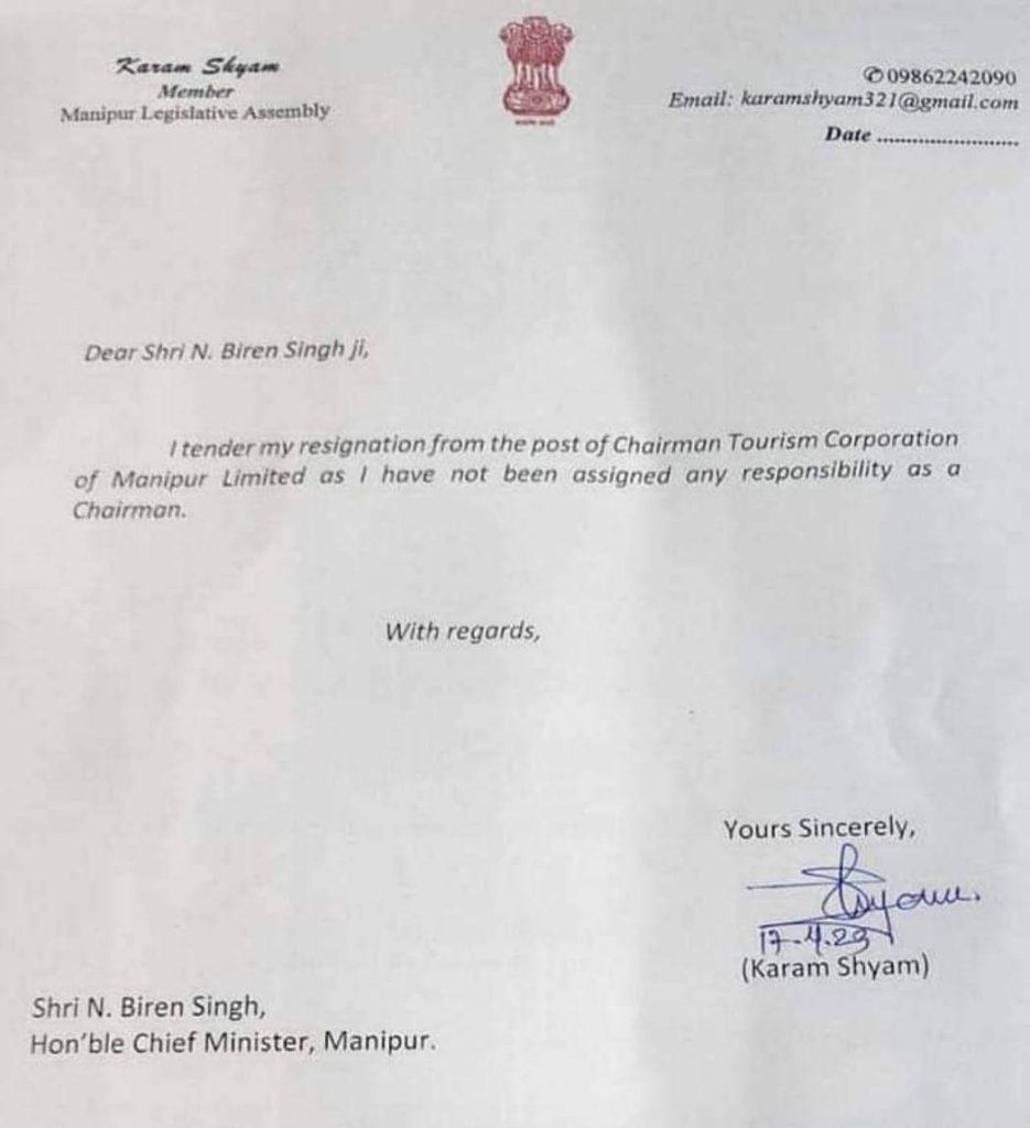 Karam Shyam resigns as Tourism Corporation of Manipur Limited Chairman
