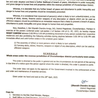 Law & order situation in Churachandpur worsens, night curfew imposed from 5 pm to 5 am
