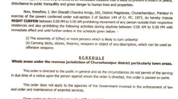Law & order situation in Churachandpur worsens, night curfew imposed from 5 pm to 5 am