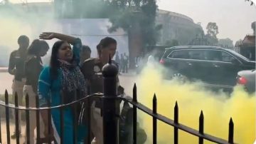 “Jai Bhim, Manipur ko Insaf do”: Protestors raise slogans outside Parliament as they hurl smoke canisters